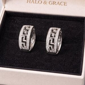 White Gold Greek Key Hoop Earrings | Small Oval Pavé Huggie Hoops Hypoallergenic